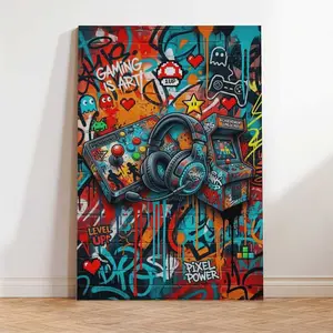 Retro Arcade Gaming Canvas Wall Art - Graffiti Brick Background Poster with Headset & Controller, Cyberpunk Gamer Den Decor with Optional Wood Frame, Gift for Streamerscor Gift for Gamers