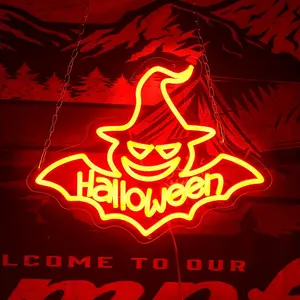 Bat Halloween Neon Sign, USB Powered Dimmable Red Yellow LED Neon Light, Spooky Bat Wing Wall Decor for Halloween Party Home Bar Porch, Scary Halloween Thanksgiving Gift for Kids Family