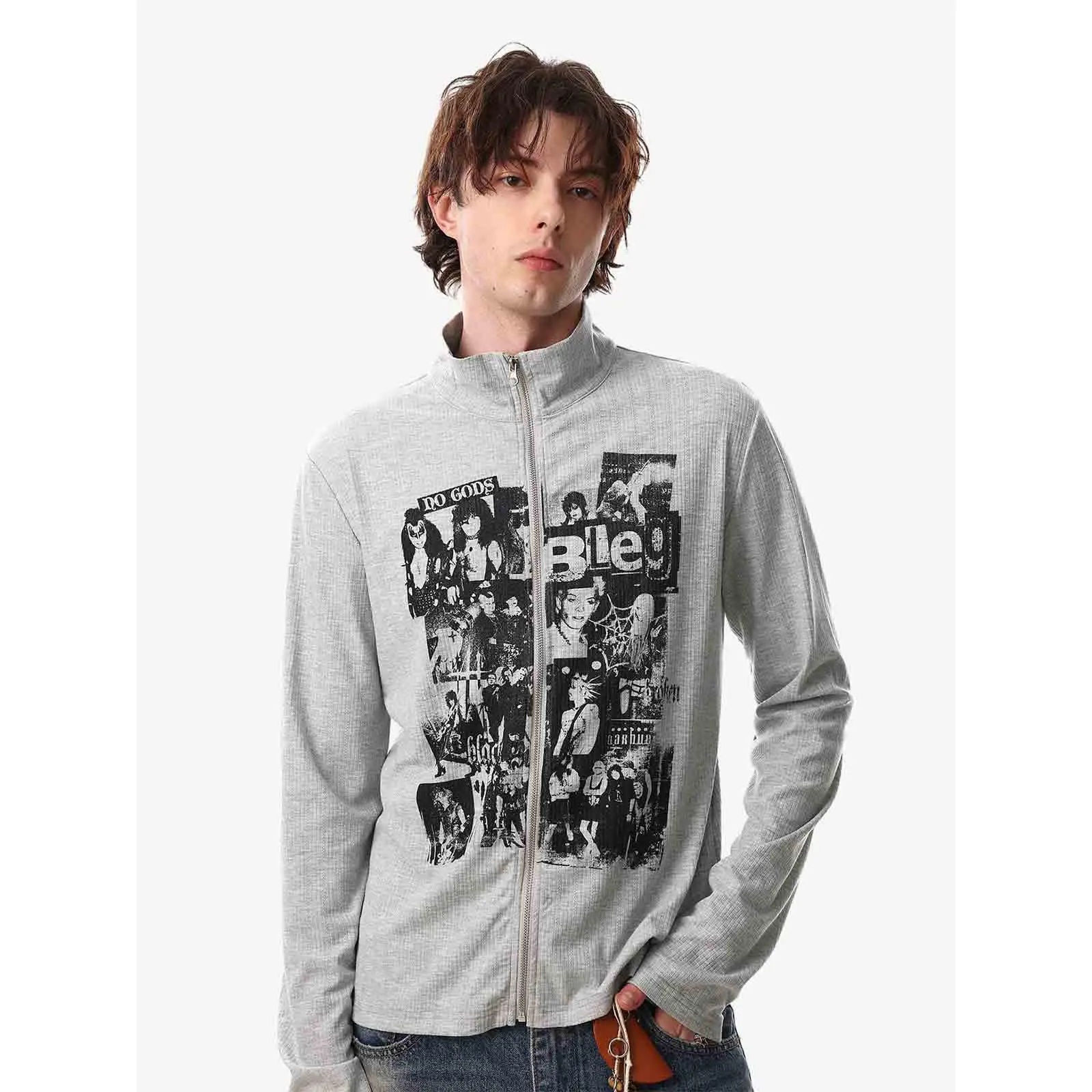 Supermade Men's Retro Graphic Knitwear Cardigan, High Neck Zip-Up Jacket, Aesthetic Streetwear Fashion, Menswear, Casual, Outfits, Longsleeves, Vintage