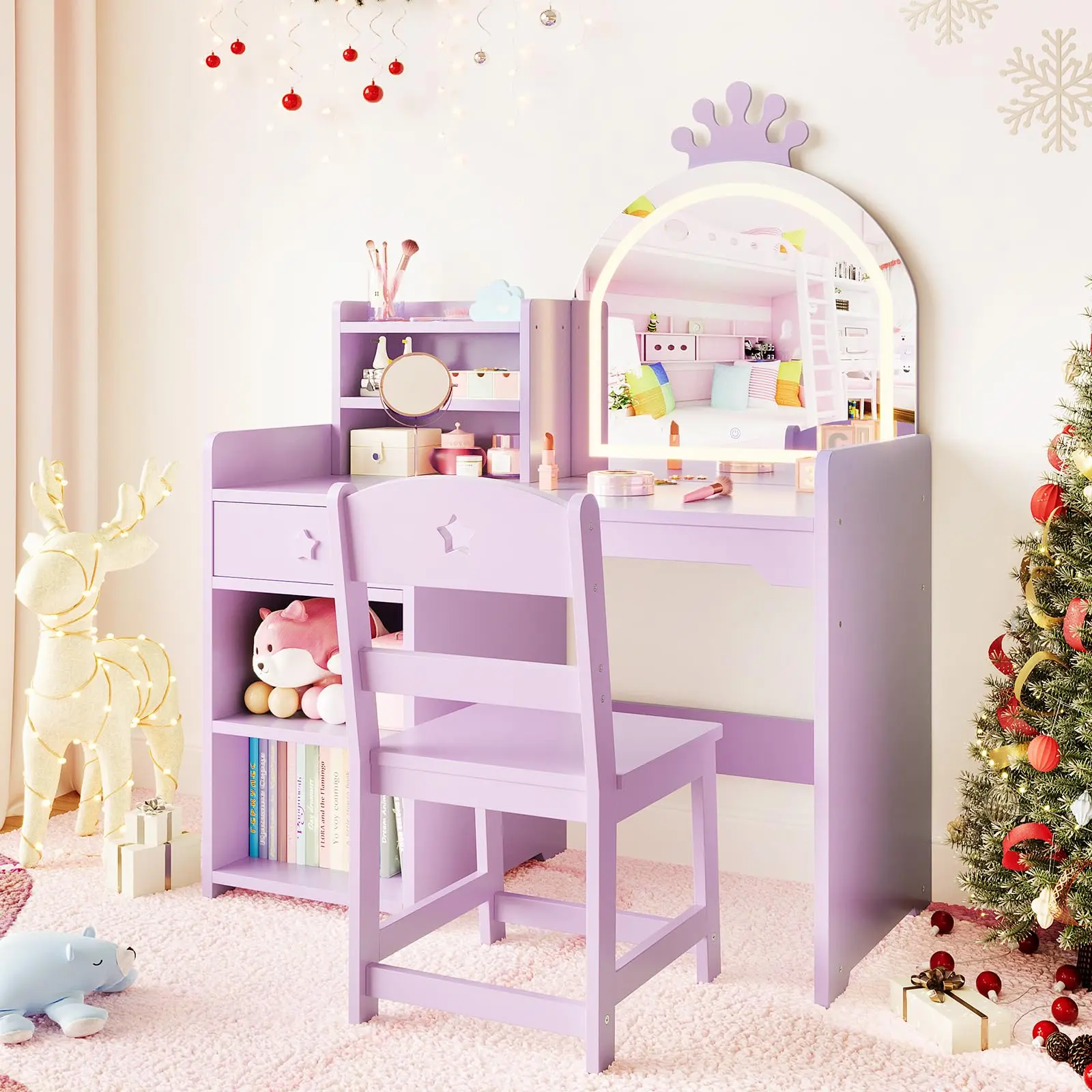 Princess Style Wooden Makeup Vanity Set - Lighted Toddler Table with Vanity Organization, Built-in Storage, Open Bookshelf, Cabinet, Chair & 2-in-1 Design for Little Girls, Built-In Storage Makeup Vanities