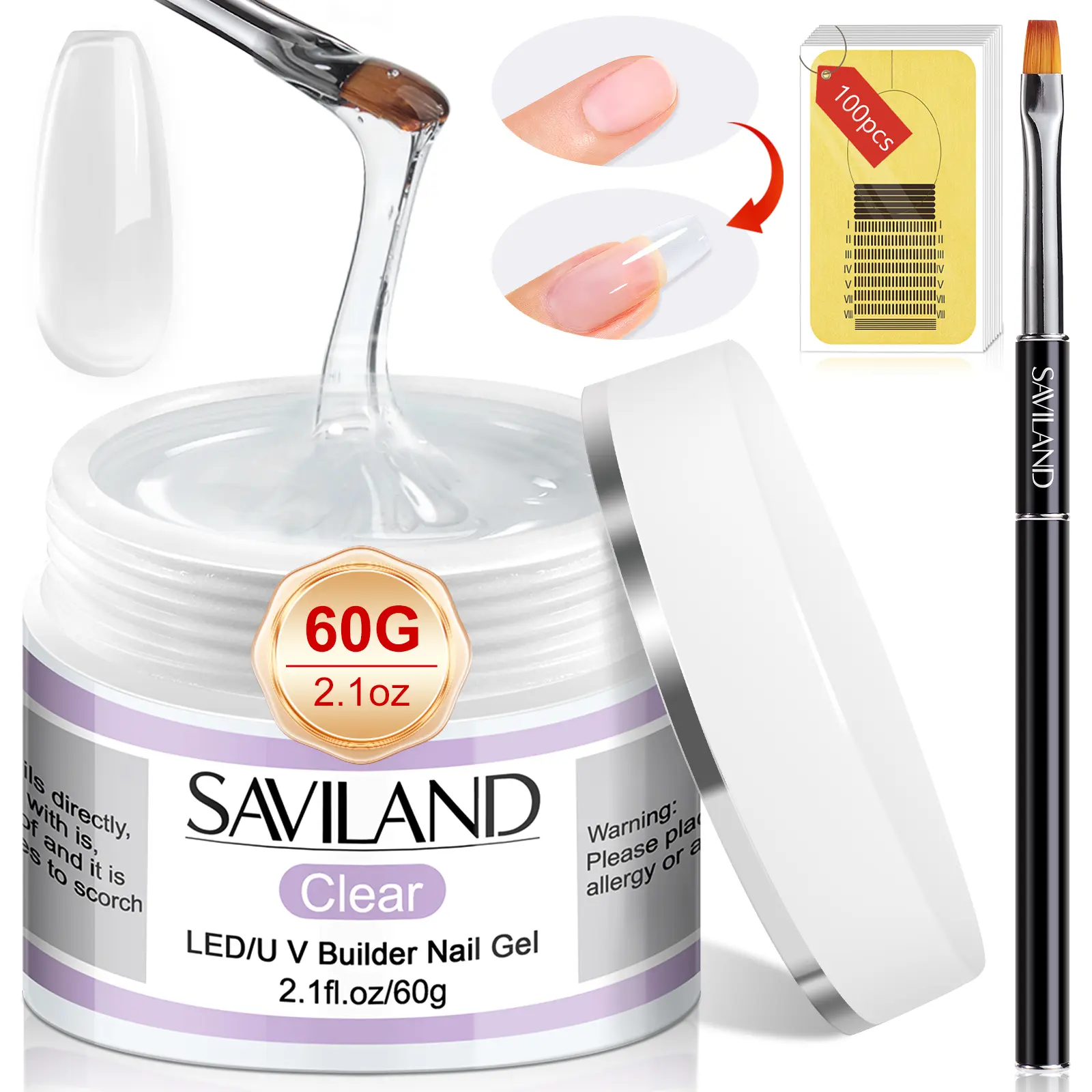 SAVILAND Builder Nail Gel Kit: 60g Clear Nail Extension Gel with 100 Nail Forms Acrylic Nail Brush Perfect for Strengthening Nails DIY Manicures
