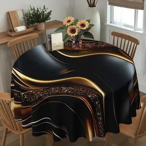 2D flat, black and gold two-color, flowing corrugated round dining table cloth, family kitchen living room dining table cloth, party tablecloth, kitchen accessories, room & outdoor tablecloth