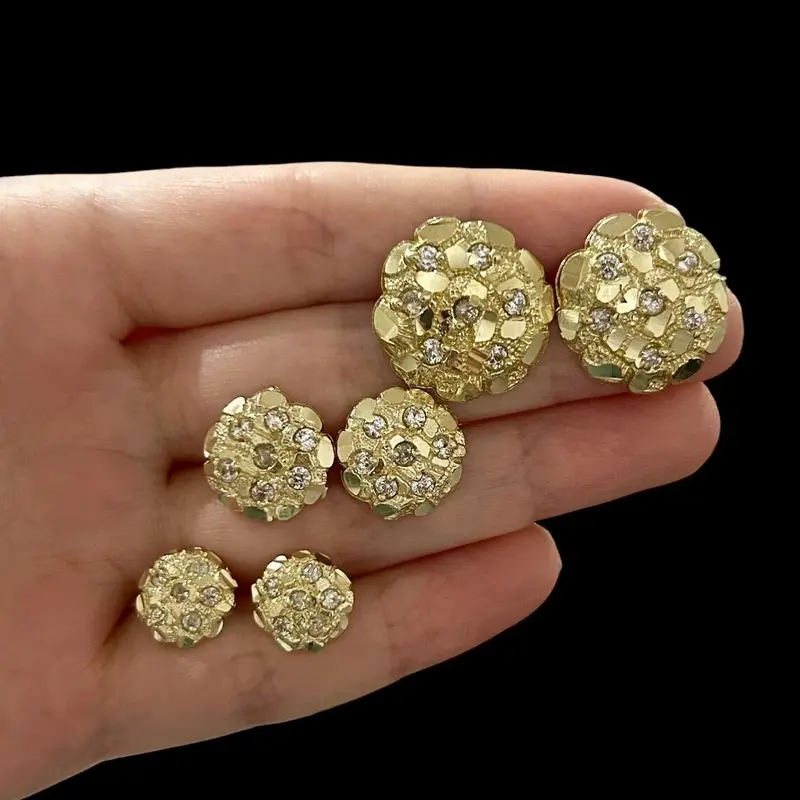 MaxBling81 Solid Brass Gold-Plated Diamond-Shaped Nugget Stud Earrings - 10-20mm Iced Simulated, Unisex High-End Chunky Jewelry for Weddings, Costume Fashion, Accessories for Women, Men's Jewelry