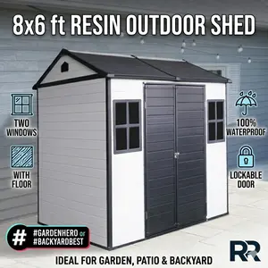 Elon 8x6 Resin Outdoor Storage Shed with Floor and Two Windows Large Waterproof Plastic Tool House with Lockable Door for Backyard Garden Patio Lawn Organization Weatherproof Heavy Duty Outside Garden Building Black White