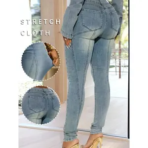 Elengatine mid-rise stretch skinny jeans — mid-wash women’s retro light wash with contrasting stitching; a fashionable ankle-length jean that fits well and is suitable for all seasons, ideal for trendy streetwear and everyday wear.