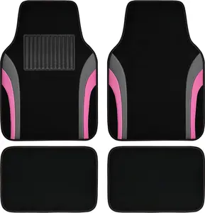 Leather Sporty Car Floor Mats Carpet, Universal Waterproof Automotive Floor Mat Fit for Sedans, Cars, Mid Trucks, Vans, SUV, Set of 4 (Black and Pink)