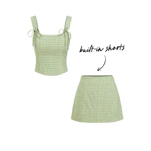 Cider U-neckline Gingham Bowknot Crop Tank Top & Low Rise Mini Skirt Set