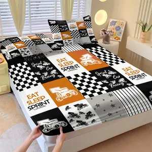 Sprint Car Grid Patchwork Fitted Sheet Set & 2 Pillowcases, Racing Car, Checkered Flag, Stripes, Star Elements Checkered Patchwork Design, Soft Anti-Slip Wrinkle Resistant, American Sports Style Bedroom Decor Gift Choice