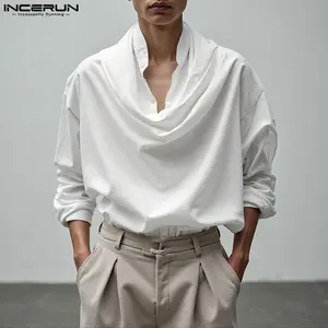INCERUN Men's Fashionable Casual Long-Sleeved T-Shirt With A Drooping Collar. Lightweight And Comfortable, Ideal For Fall Outfit.