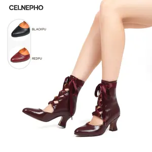 CELNEPHO Fashion Boots for Women Pointed Toe Lace up Design Ankle Booties Block Heel Back Zipper Closure Easy Pull on Tango Boot Wedding Party Wear Cosplay Trending Women Shoes
