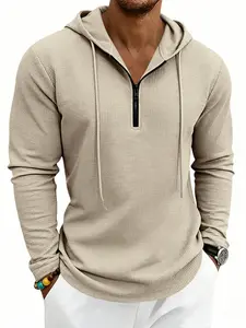 Men's Waffle Knit Quarter-Zip Hoodie, Long Sleeve Drawstring Casual Pullover, Essential Daily Wear for All Seasons (multiple Colors)