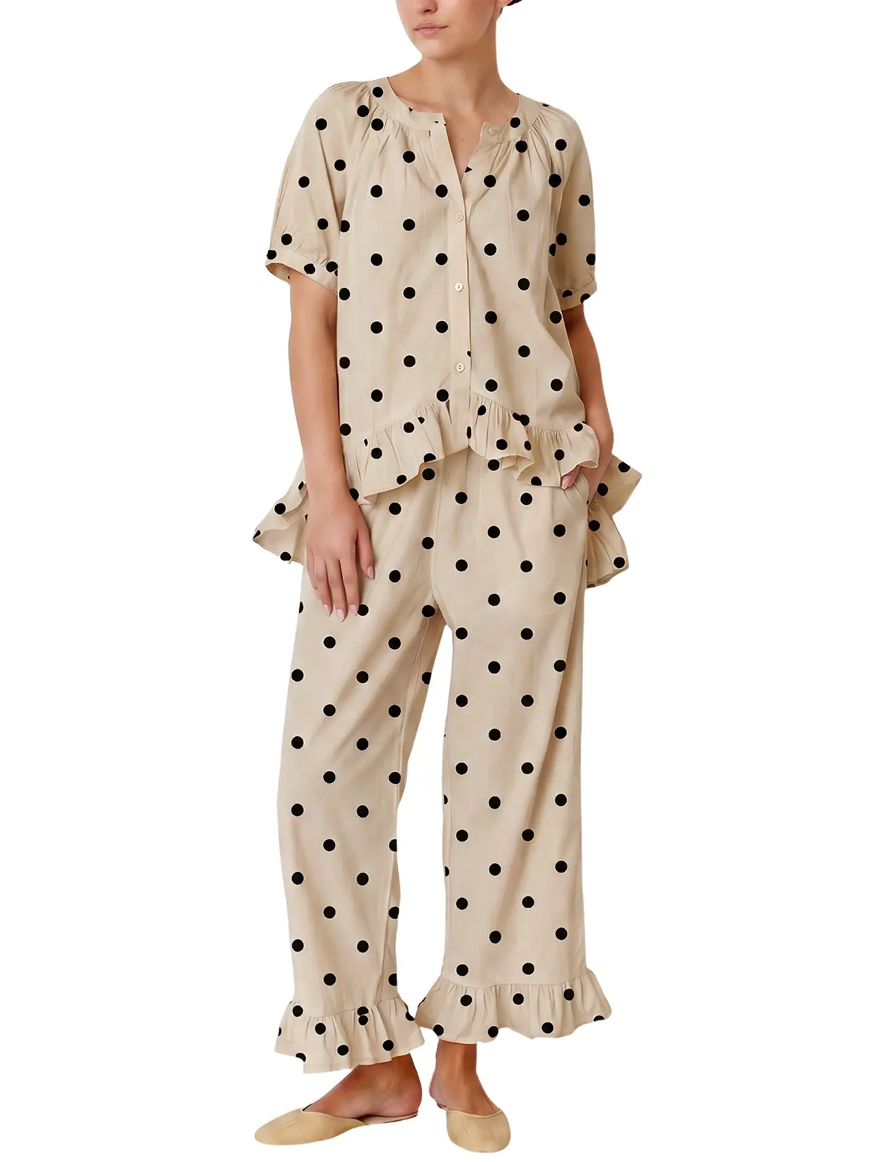 Arssm Women Polka Dot Set 2 Piece Pajamas Set Cotton Ruffle Babydoll Shirt and Pants Lounge Sets Arssm Women Polka Dot Set 2 Piece Pajamas Set Cotton Ruffle Babydoll Shirt and Pants Lounge Sets
