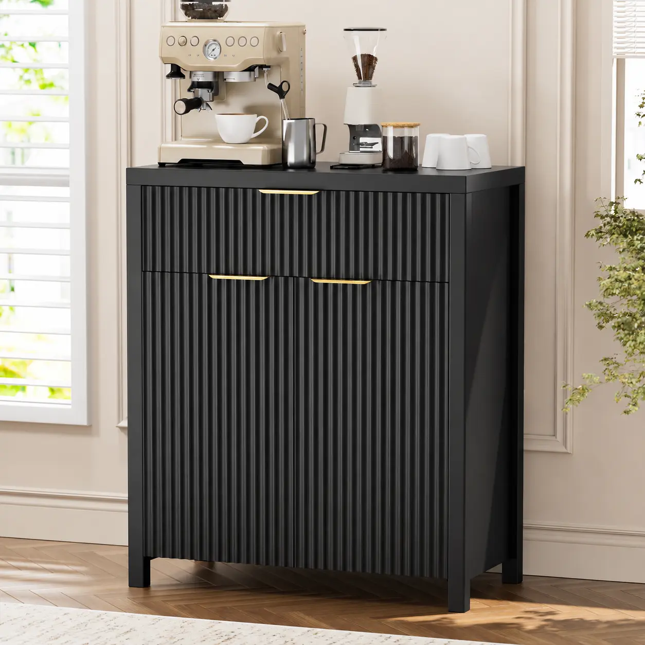 Aowos Fluted Sideboard Cabinet with Drawer, 28.3" Buffet Cabinet with Adjustable Shelf & 2 Doors, Modern Coffee Bar Cabinet, Kitchen Storage Cabinet for Dining Room, Entryway, Kitchen, Living Room, Christmas Gift