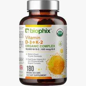 Biophix Organic Vitamin D-3 K2 Turmeric 180 Vegetarian Capsules 10000 IU D3 100 mcg K2 for Calcium Absorption & Immune Support - Healthcare