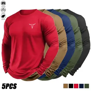 Pack of 5 men’s fashion trendy sports T-shirts featuring graphic prints, solid colors, a minimalist casual design, durable wear and appearance; lightweight, comfortable crew neck long-sleeve T-shirts for men.