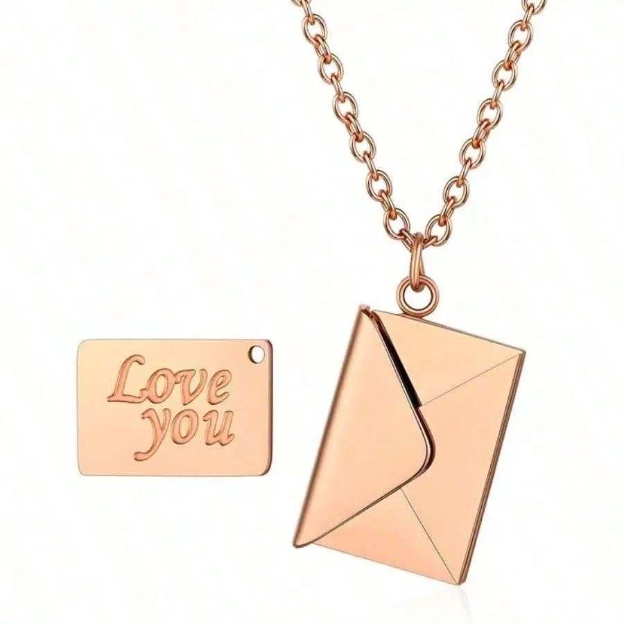 Gold-Plated Stainless Steel Envelope Locket Necklace for Women with Secret Love Letter, Dainty Jewelry Gift for Anniversary, Birthday, Wedding, Elegant, Engagement, Female, Long, Metal Coating, Pendant