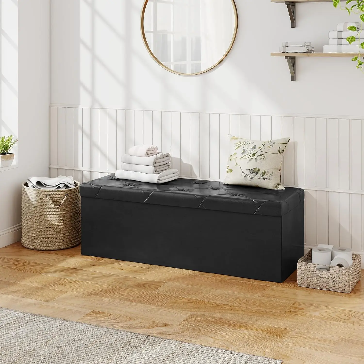 Foldable Storage Ottoman Bench 43", Black Leather Foot Rest Stool with Divider, Thicker Cushion Seat, 660LBS Load Capacity for Bedroom, Living Room & Entryway