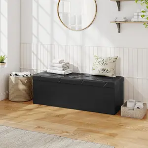 Foldable Storage Ottoman Bench 43", Black Leather Foot Rest Stool with Divider, Thicker Cushion Seat, 660LBS Load Capacity for Bedroom, Living Room & Entryway