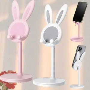 2 Pack Adjustable Cute Rabbit Shape Design Desktop Phone Stand for Live Streaming & Daily Use Versatile Mobile Holder in Pink & White