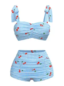 Blue 1950s Cherry Plaid Lace-up Swimsuit Bathing Suit Tankini suit