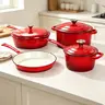 [New Colors] Kitchen Academy Enamel Cast Iron 7 Piece Cookware Set, Dutch Oven Pot with Lid, Red Non Stick Pots and Pans set, Oven Safe up to 500°F Cooking Modern