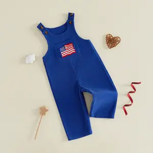 Toddler American Flag Embroidered Corduroy Overalls Adjustable Strap Long Romper