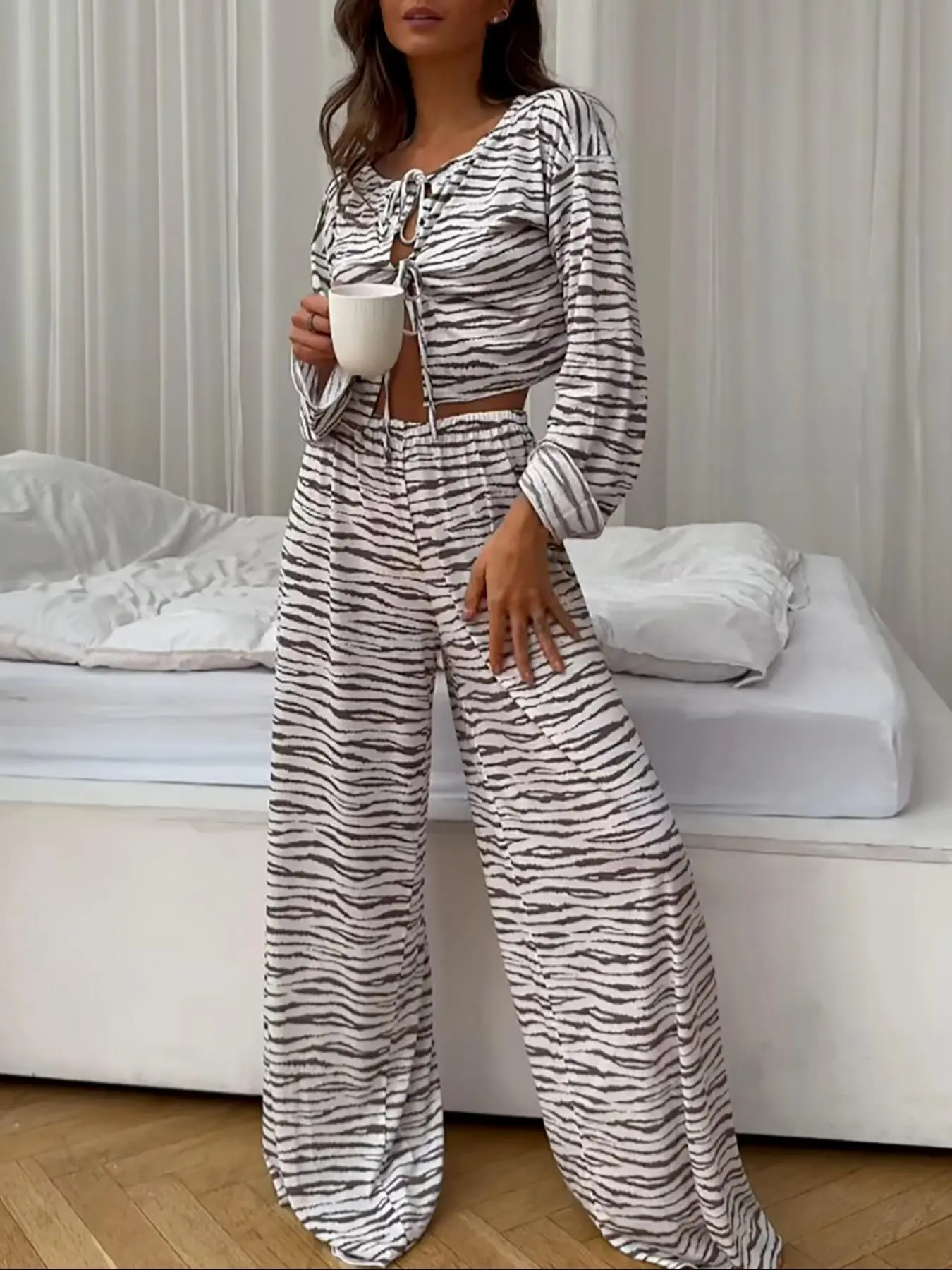 Women's Zebra Print Stripe Knit Set, Casual Baggy Loose-Fitting Long Sleeve Top & Pants, All-Season Home Wear, Autumn New Arrival, Outfit, Casual Chic Set, Womenswear Clothes