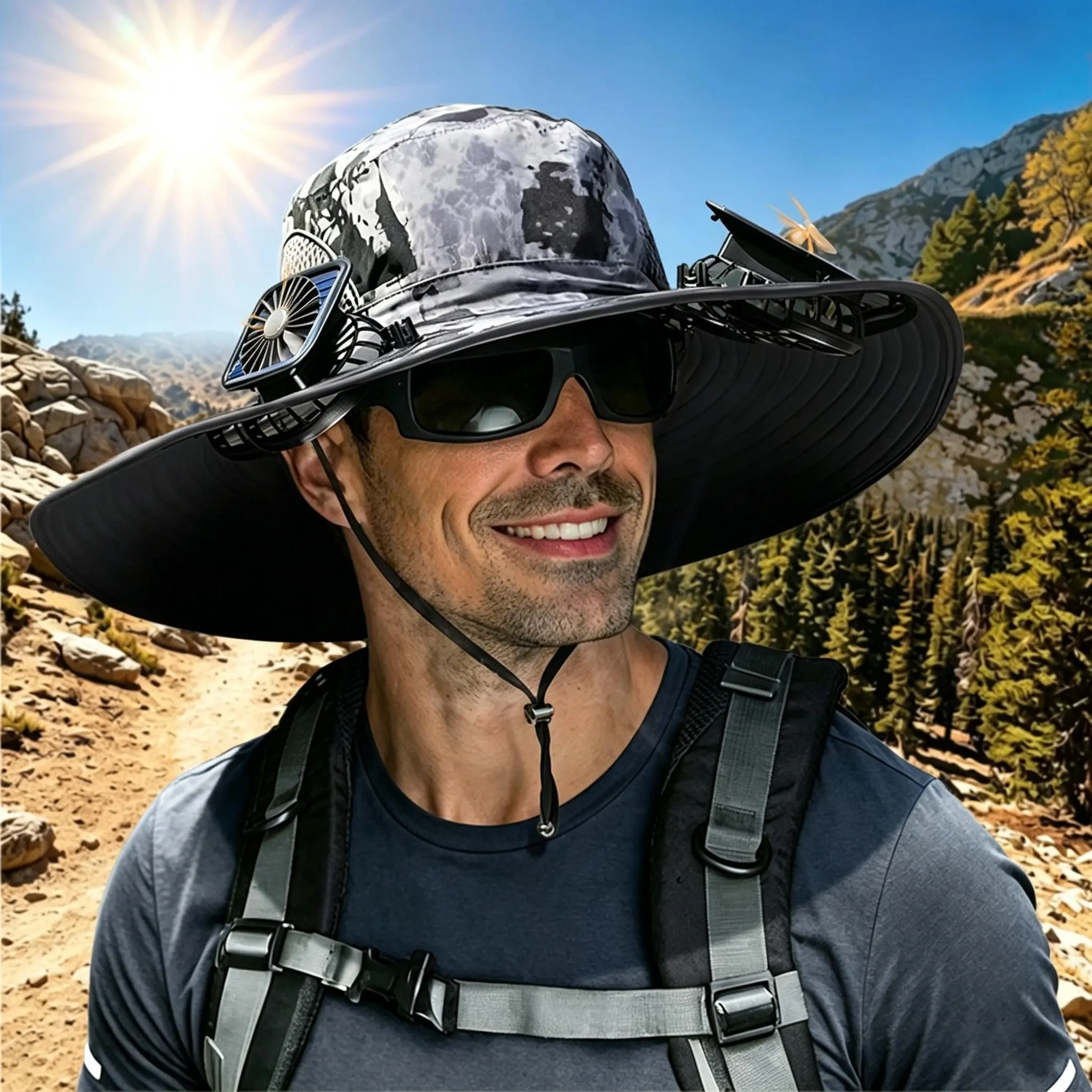 2026 New Wide Brim Nylon Solar Power Fan Cap for Men, Adjustable Outdoor Cap with 2 Fans, 3-Speed Adjustment, Waterproof Multifunctional Headwear for Fishing, Hiking, Father's Day Gifts 2026