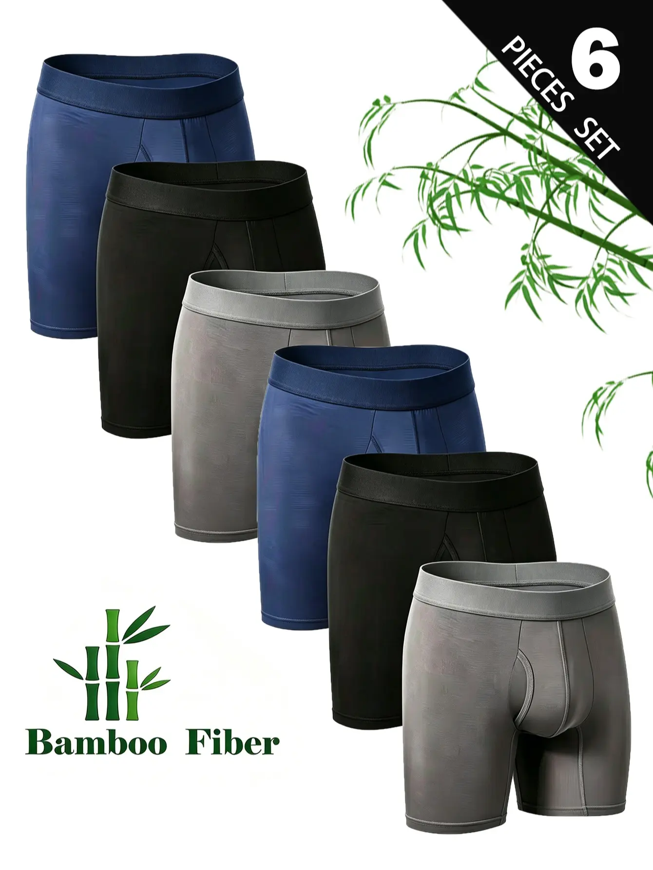 Menswear Men's 6-Pack Solid Bamboo Fiber Boxer Briefs, Elastic Soft & Breathable Athletic Underwear with No-Ride-Up Fit for All-Season Comfort