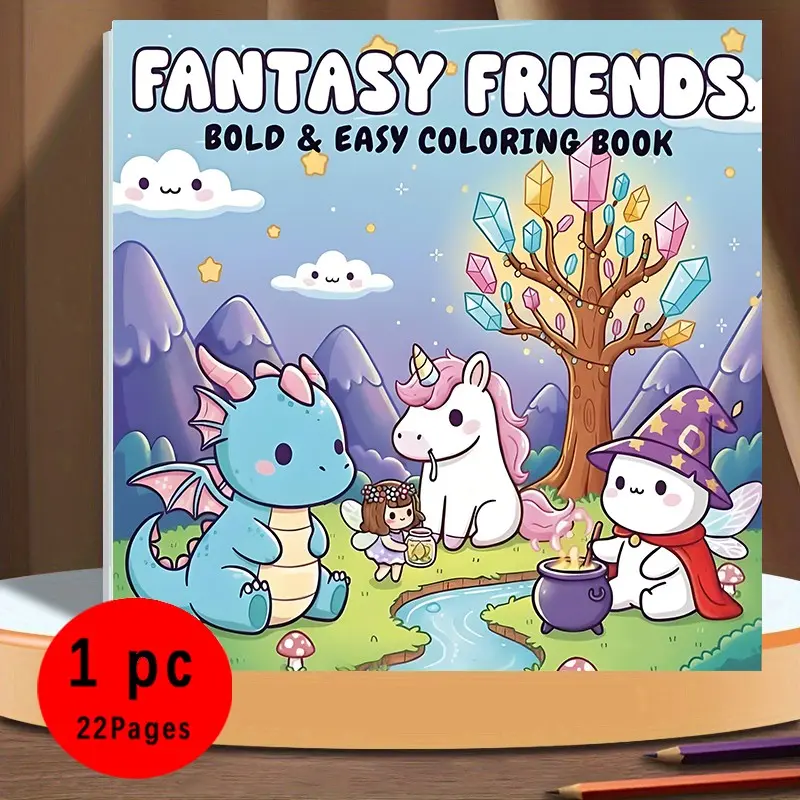 Fantasy Friends Bold & Easy Fun Coloring Book for Kids & Adults - 22 Adorable Cute Kawaii Magical Creature Magic Creatures Coloring Pages, 120gsm Thick No Bleed Paper, Non-Toxic Odorless, Glue Binding, Perfect for Stress Relief