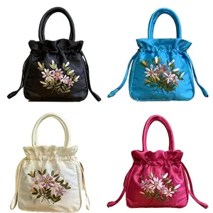 Handmade Silk Ribbon Embroidery Bag Pouch, Ethnic Style New Chinese National Wind, Multiple Colors Available, Handcrafted Toothpick Design, Handle Carry Pouch