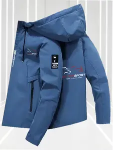 Men's Spring Fall Outdoor Sports Jacket, Windproof Hooded Zipper Cardigan, Multi-Pocket Letter Motorsport Print Casual Top Coat