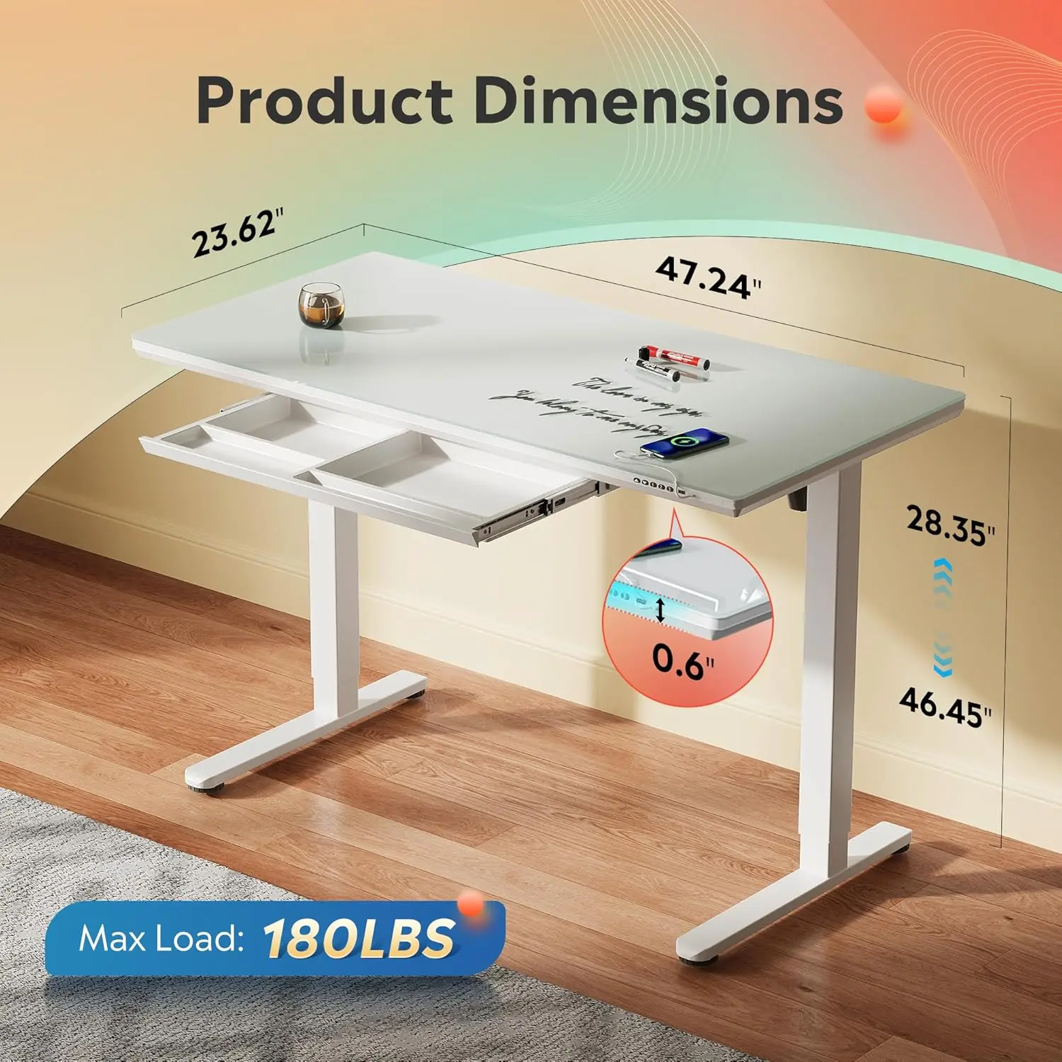DEVAISE Standing Desk with Drawers, Whole-Piece Glass Adjustable Height Desk, 48 Inch Electric Stand Up Desk, Quick Install, White