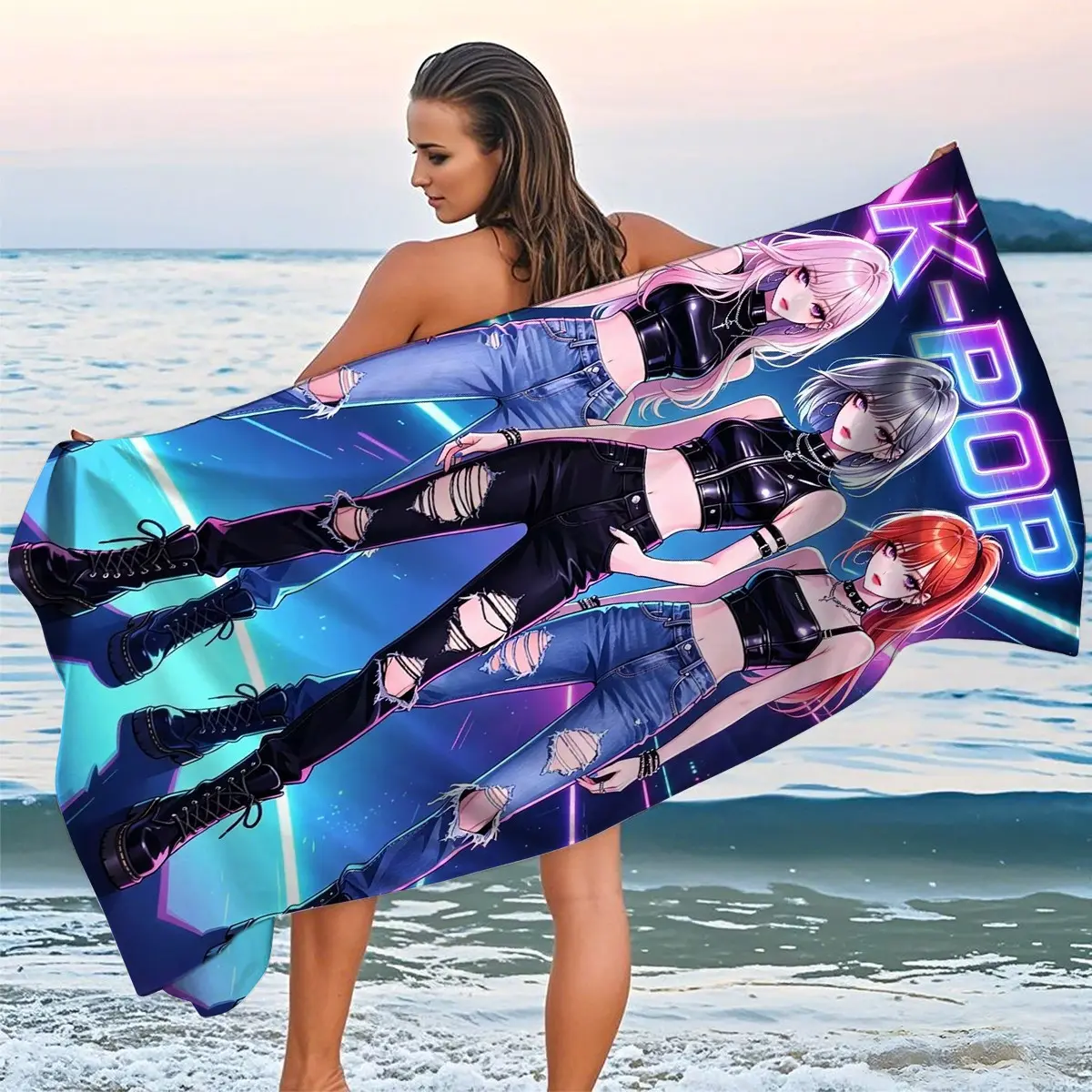 K-Pop Neon Print Ultra-Fine Fiber Beach Towel, Quick-Dry Absorbent Bath Sheet, No Shedding, Ideal for Swimming and Vacation