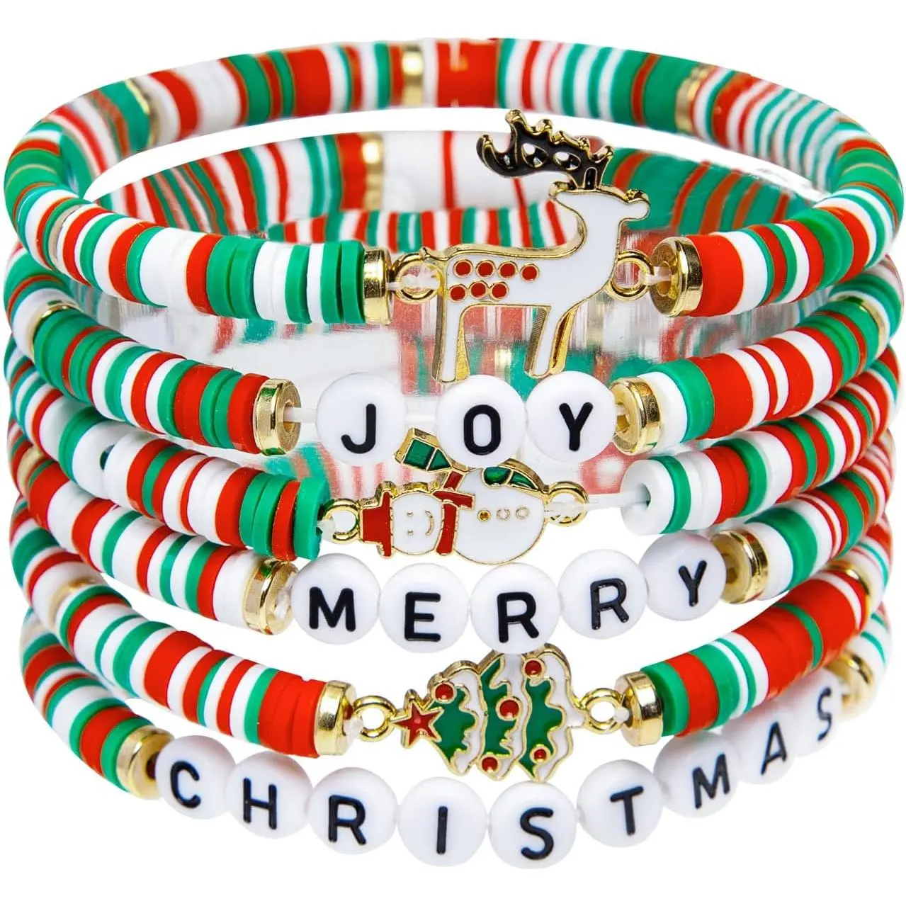 6 Pack Christmas Bracelets: Joy & Merry Candy-Style Stacks for Women & Teens -  Christmas Gifts -  3 to Adult