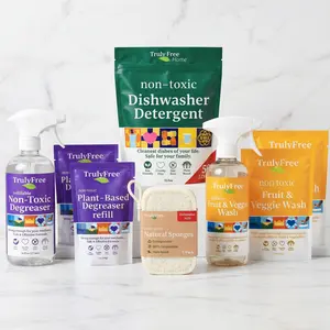 Truly Free Kitchen Essentials Bundle: Non-Toxic Degreaser, Dishwasher Detergent, Eco Sponges, Fruit & Veggie Wash | Plant-Based, Family Safe!