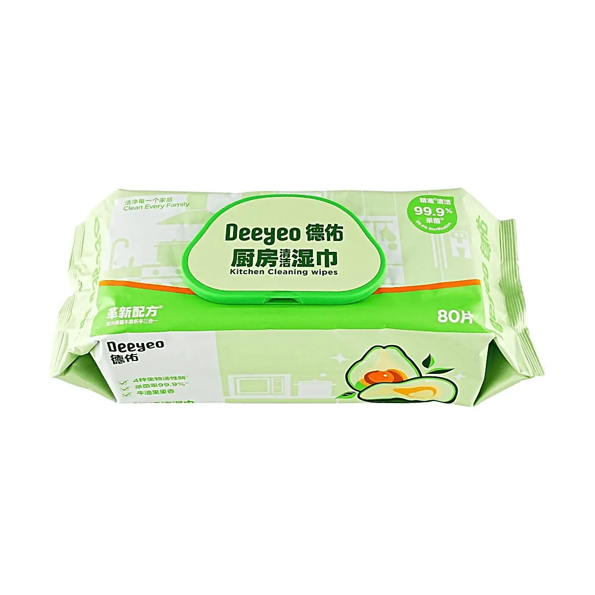 Deeyeo Avocado Scented Kitchen Cleaning Wipes - 80 Count, Degreasing & Multipurpose Surface Wipes for Home & Office