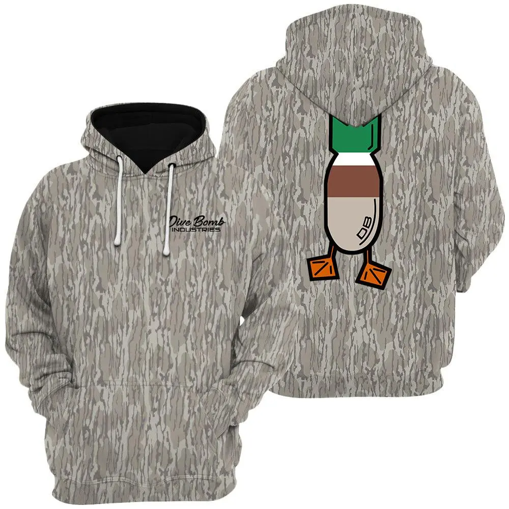Dive Bomb Mallard Logo Script Camo Hoodie 2, Men's Hunting Camo Hoodie, Mosy Oakk Bottomland , Vintage 3D , Gift Idea, Gift for Dad or Husband,Perfect For Outdoor Enthusiasts