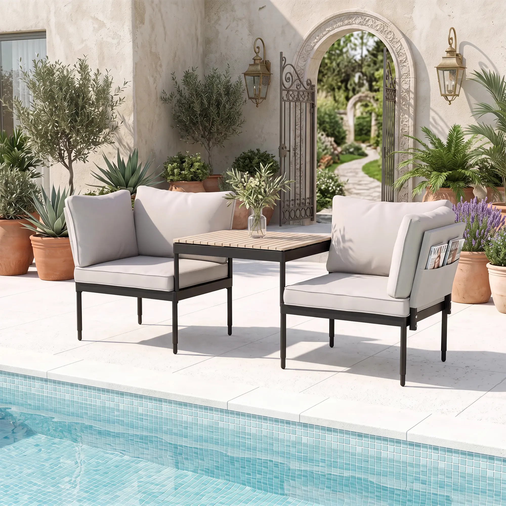Outdoor Patio Convertible Sofa, 3 in 1 Functions; Transforms into Sun Lounger Chaise with 4 Height Adjustments or 2 Armchairs with Coffee Table, Machine Washable Cushions and Rust Resistant Steel Frame, Simple Fast Installation