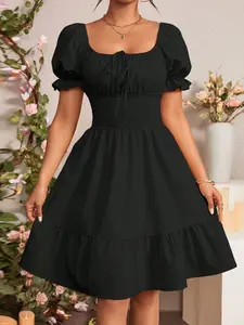 Summer Casual Solid Color Puff Sleeve Fitted Waist Dress - Chic Fit