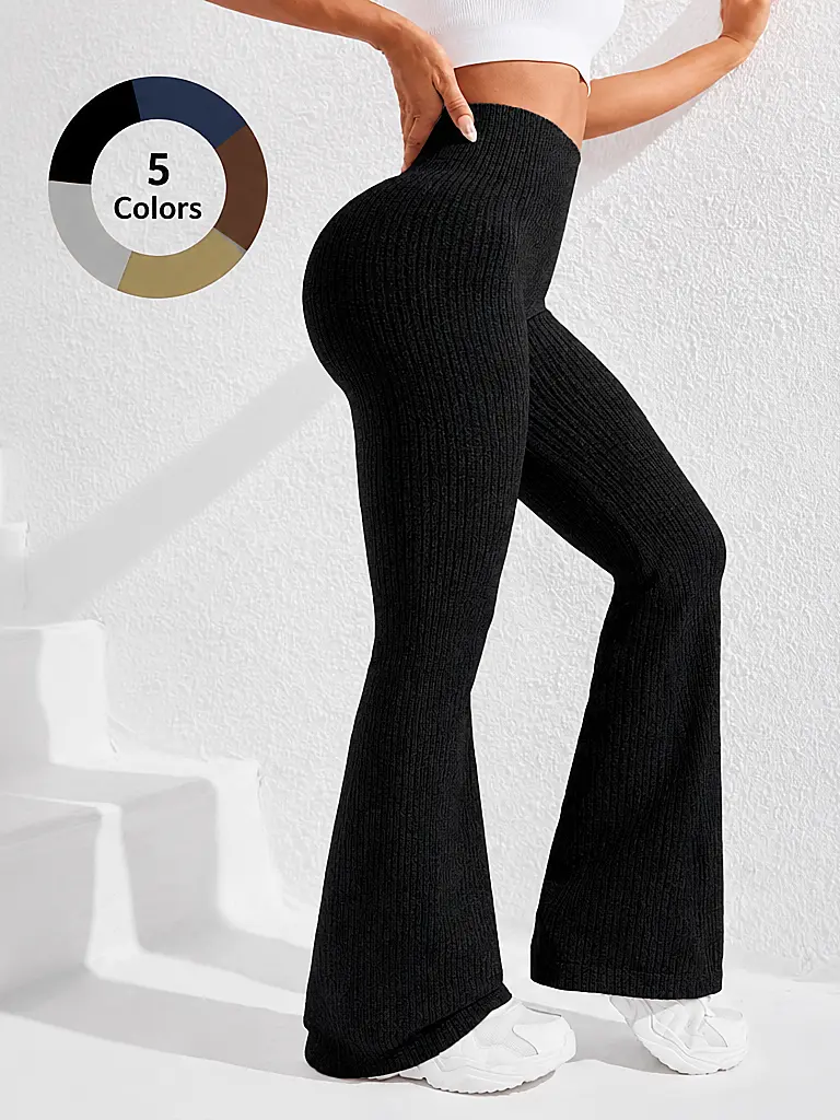 Women's High Waist Ribbed Flare Leggings Butt Lifting Bootcut Yoga Pants, Seamless Tummy Control Breathable Stretchy Casual Wide Leg Pants Ideal for Gym, Yoga, Running, Pilates, Lounging and Daily Wear, Versatile All-Season Activewear sportswear tiktoksho