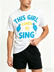 Trendy Short Sleeve T-Shirt, Graphic Microphone Singing Print, Loose-Fit Sporty Style, Music Lover Stage Wear, All Seasons