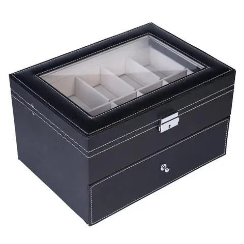 Lockable Watch Storage Box - Classic Vintage Compact Dual-Layer Wooden Home Organizer for Home Use, Bedroom, 20-Compartment Black PU Leather Wristwatch Jewelry Case