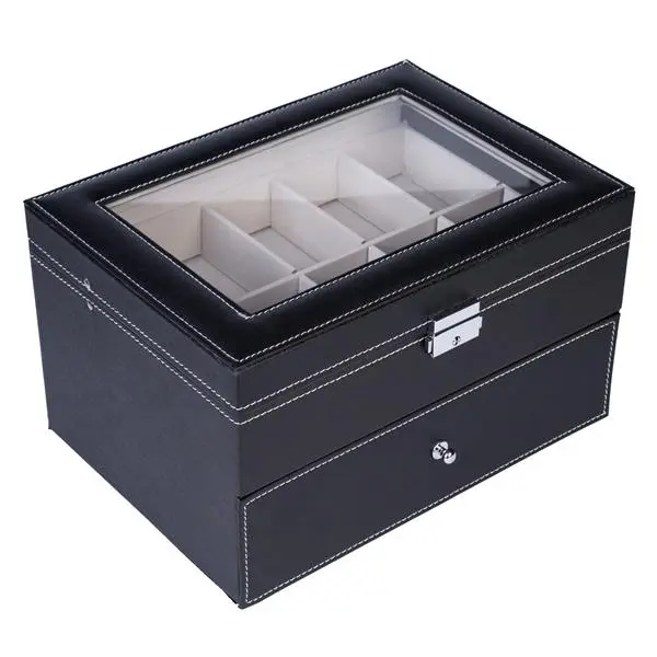 Lockable Watch Box - Classic Wooden Home Organizer, Dual-Layer, 20-Compartment Black Wristwatch Storage Case with Key Lock
