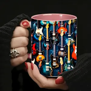 Guitar Lover, Coffee Mug, Colorful Electric Guitars Pattern, Ceramic With Glossy Finish, Music Enthusiasts And Musicians, 11 Oz Single Piece