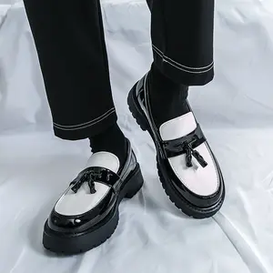 ONXITOM Men's Platform Penny Loafers All Black & Black-White Leather Slip-On with Tassel Decor for Business Prom & Casual Wear Walking Shoes Footwear Flatform Slipon