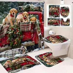 Christmas Theme Creative Snow Scene Dog Pattern Shower Curtain Set, Non-Slip Mat, U-Shaped Rug, Toilet Lid Cover, Bathroom Decor, Includes 12 Hooks