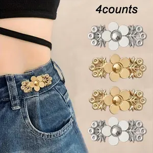 Flower Pattern Jeans Waist Adjustment Buckle, 4 Counts Detachable Waist Tightener, Waist Adjustment Tool for Jeans, DIY Sewing Supplies