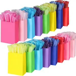 32 Pieces Gift Bags with 32 Tissues, 8 Colors Party Favor Bags with Handles, Rainbow Gift Bag for Wedding, Birthday, Party Supplies and Gifts