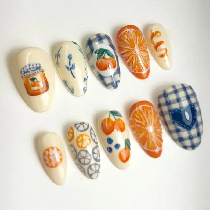 S169 Citrus Jam Press-On Nails, Handpainted Oranges & Gingham Plaid, Fruit Slice Art, Summer Picnic Theme, Custom Handmade, Solana Nails Town